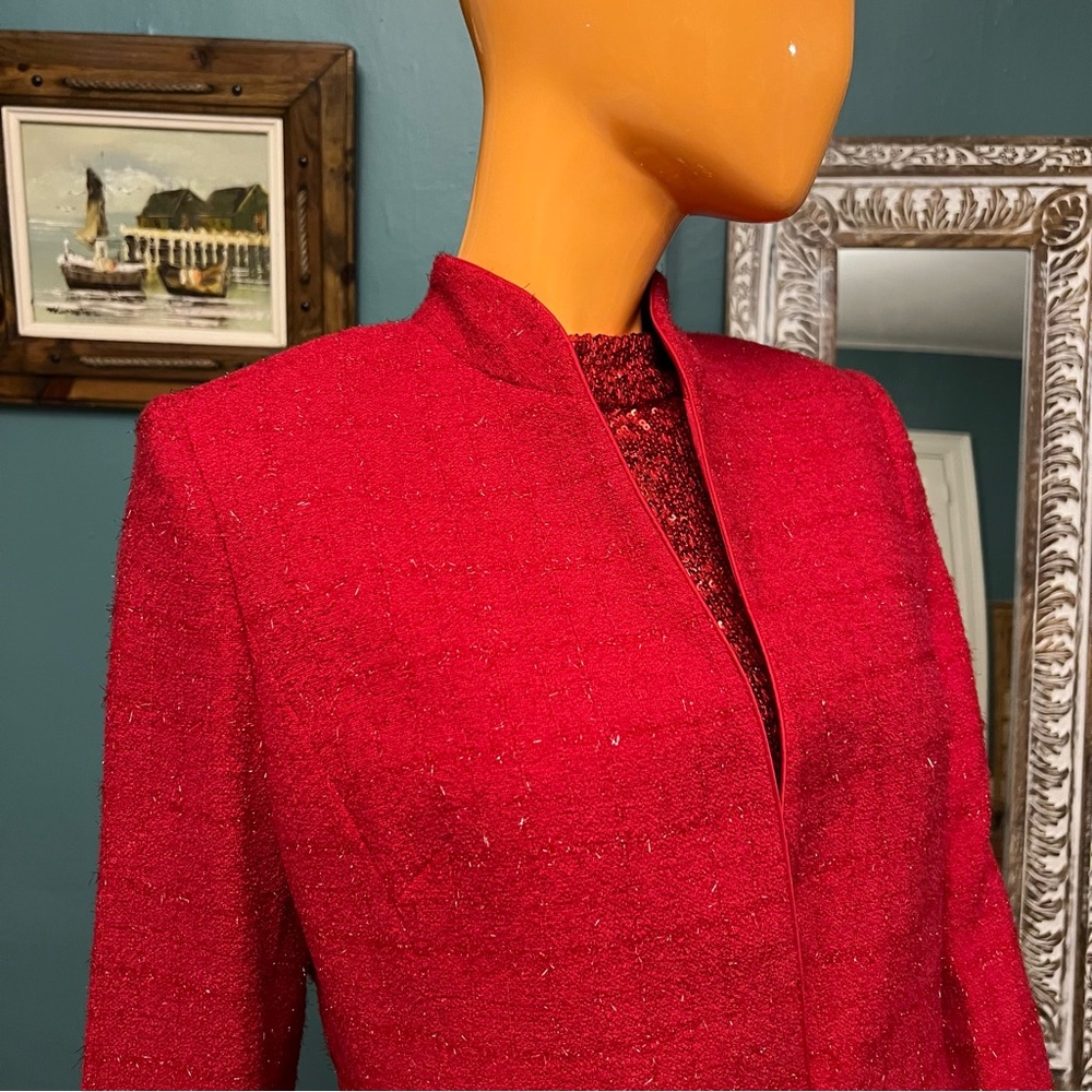 KASPER Red Sparkle Tweed Plaid Petite Skirt Suit - Picture 5 of 17